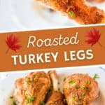Three roasted turkey legs on a plate.