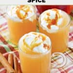 Homemade starbucks caramel apple spice drink in three glass mugs.
