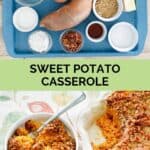 Sweet potato casserole with pecan topping ingredients and the finished dish.