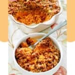 Sweet potato casserole in a baking dish and a bowl.