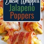 Air fried bacon wrapped jalapeno poppers on a small platter.