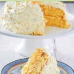 Old fashioned ambrosia cake slice on a plate in front of the cake.