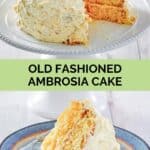 Old fashioned ambrosia cake on a cake stand and a slice on a plate.