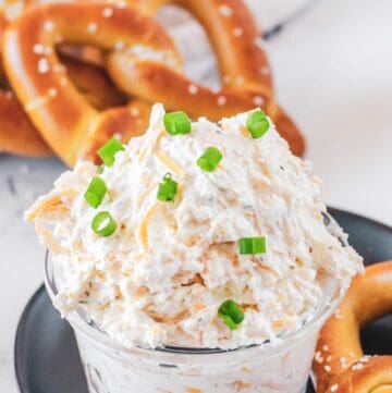 Cold beer cheese dip and soft pretzels behind it.