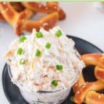 Cold beer cheese dip with pretzels for serving.
