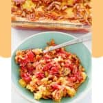 Cherry pineapple dump cake in a bowl.