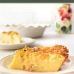 Coconut custard pie slice on a plate.