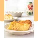 Coconut custard pie slices on plates and the pie behind them.