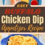 Buffalo chicken dip ingredients and the dip in a serving dish.