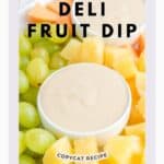 Two bowls of homemade Jason's deli fruit dip and assorted fruit around them.