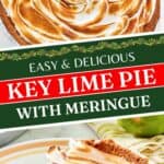 A whole key lime pie with meringue and a slice on a plate.