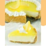 A slice of homemade Marie Callender's lemon cream cheese pie in front of the pie.