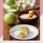 Homemade Melting Pot cheddar cheese fondue with bread cubes and apple slices.