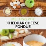 Copycat Melting Pot cheddar cheese fondue ingredients and the fondue in a pot.