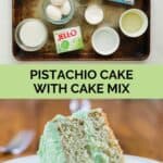 Pistachio cake ingredients and a slice of the cake.