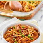Cheesy taco spaghetti casserole in a bowl and baking dish.