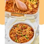 Taco spaghetti in a casserole dish and a serving in a bowl.