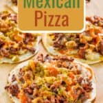 Homemade taco villa mexican pizzas on a wood serving board.