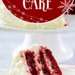 Copycat waldorf astoria red velvet cake slice on a plate.