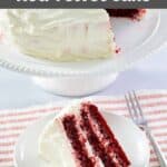 Homemade waldorf astorial red velvet cake slice and a fork next to it.
