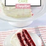 Homemade waldorf astoria red velvet cake on a plate and a fork next to it.