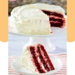 Homemade waldorf astoria red velvet cake with cooked frosting.