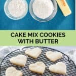 Cake mix cookies ingredients and the cookies on a wire rack.