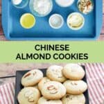 Chinese almond cookies ingredients and the cookies on a platter.