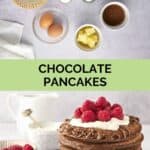 Homemade chocolate pancakes ingredients and the pancakes on a plate.