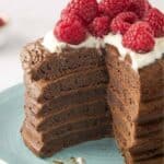 A stack of chocolate pancakes with a wedge cut out of it.