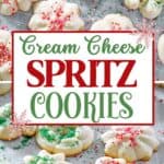 Homemade cream cheese spritz cookies with sanding sugar and sprinkles on top.