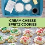 Cream cheese spritz cookies ingredients and the cookies on parchment paper.