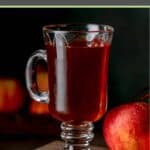 Wassail in a mug, apple, and cinnamon sticks.