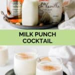 Homemade milk punch ingredients and the cocktail in two glasses.