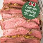 Slices of new york strip roast on a platter.