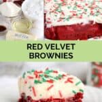 Red velvet brownies ingredients and the finished brownies.