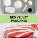 Red velvet pancakes ingredients and a stack on a plate.