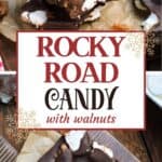 Several pieces of homemade rocky road candy with walnuts.