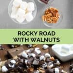 Rocky road candy with walnuts ingredients and pieces on parchment paper.