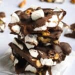 Homemade old-fashioned rocky road candy with walnuts in a stack.