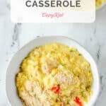 A bowl of homemade scalloped corn casserole.