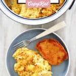 Southern cornbread dressing, a pork chop, and a fork on a plate.