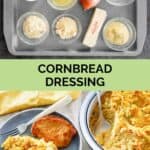 Southern cornbread dressing ingredients and the finished dish.