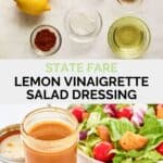 Copycat state fare lemon vinaigrette ingredients and the dressing in a jar.