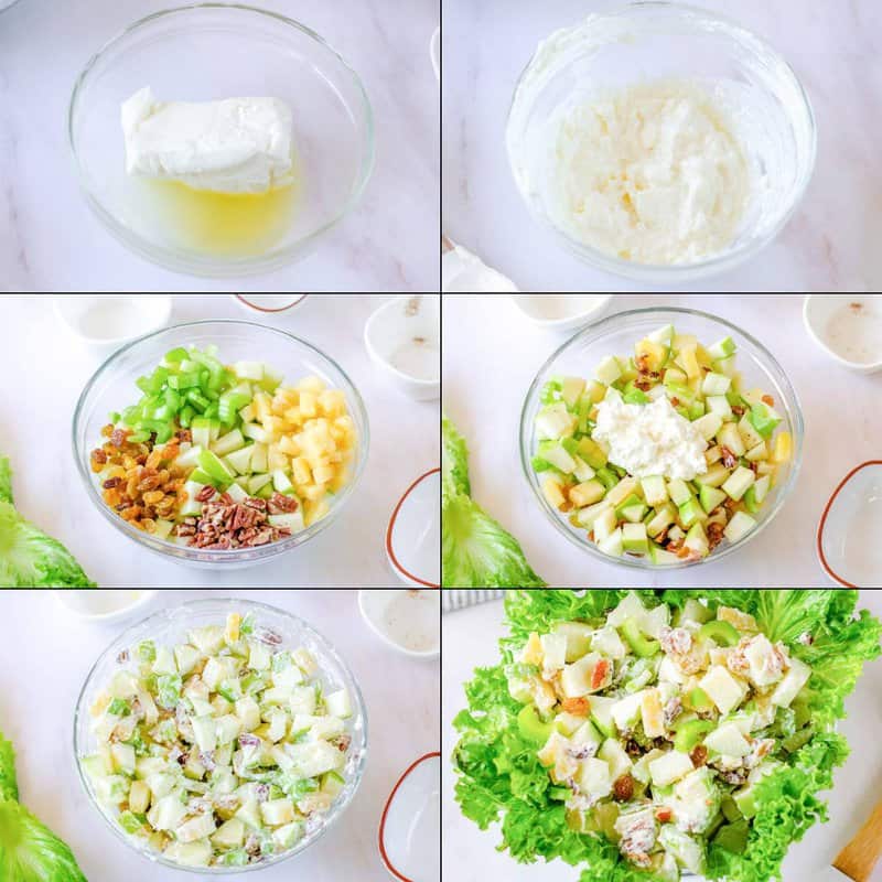 Making waldorf salad with cream cheese dressing.