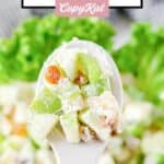 Waldorf salad on a serving spoon.