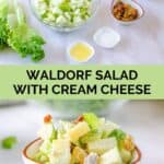Waldorf salad ingredients and the salad in a bowl.