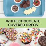 White chocolate covered oreos ingredients and the cookies on parchment paper.