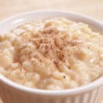 Rice pudding in a small bowl.