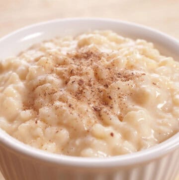 Rice pudding in a small bowl.